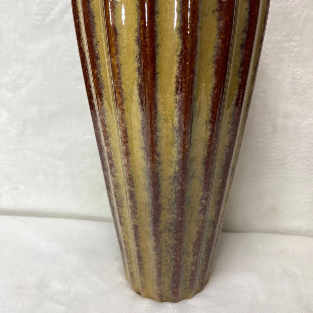 Vintage Fluted Ceramic Vase Earth Tones Striped Glaze Decorative Home Decor‎